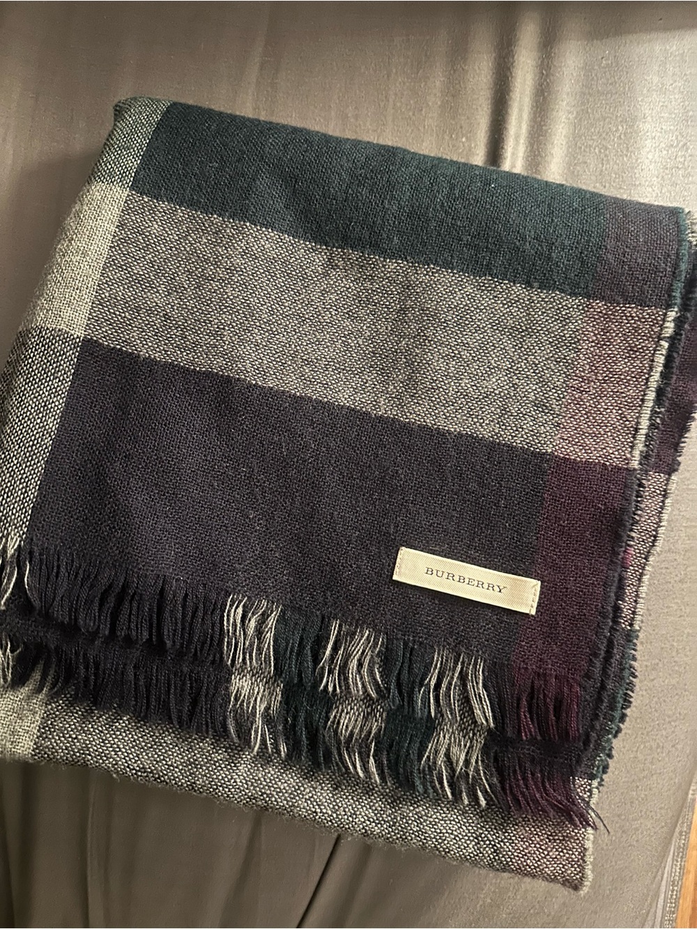 Burberry Plaid Fringe Wool Scarf in Navy, Green & Burgundy